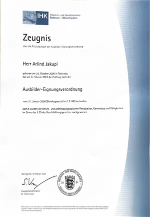 Vorschau des IHK-Zeugnisses zur Ausbildereignung von Arlind Jakupi