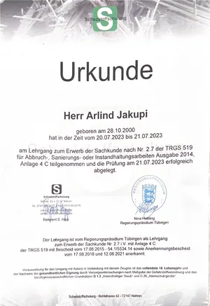 Vorschau der TRGS-519-Urkunde von Arlind Jakupi